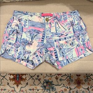 Lilly Pulitzer Pastel Tropical Print Jean Shorts in Blue & Pink